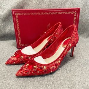 SOLD NWT $1740 René Caovilla Cinderella 75 lace crystal embellished pumps red 37